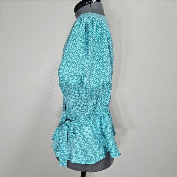 Meraki Faux Wrap Blouse Puff Sleeve Women’s Large Green Teal Geometric Pattern - Picture 2 of 10